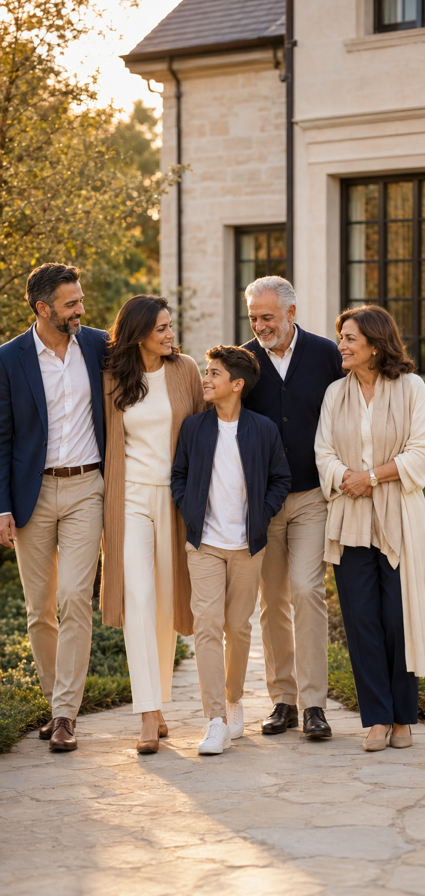 A multigenerational family enjoying time together outside their home